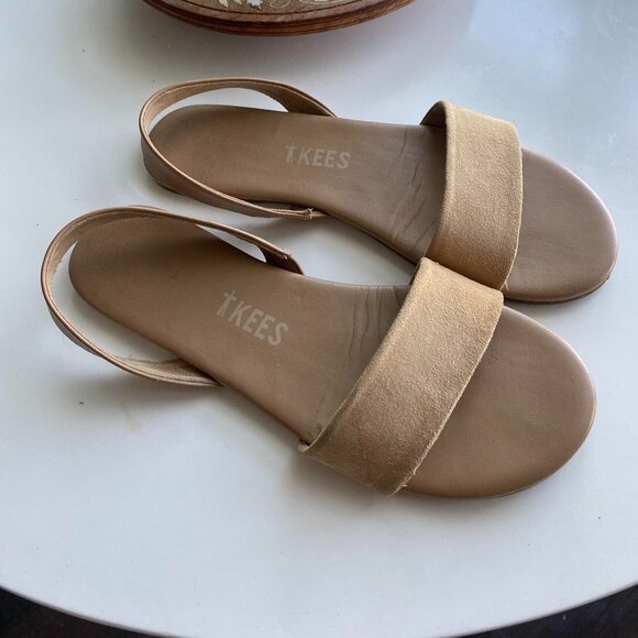 TKEES Nude Tan Charlie Suede Sling Back Flat Sandals Size 7 - Picture 1 of 8